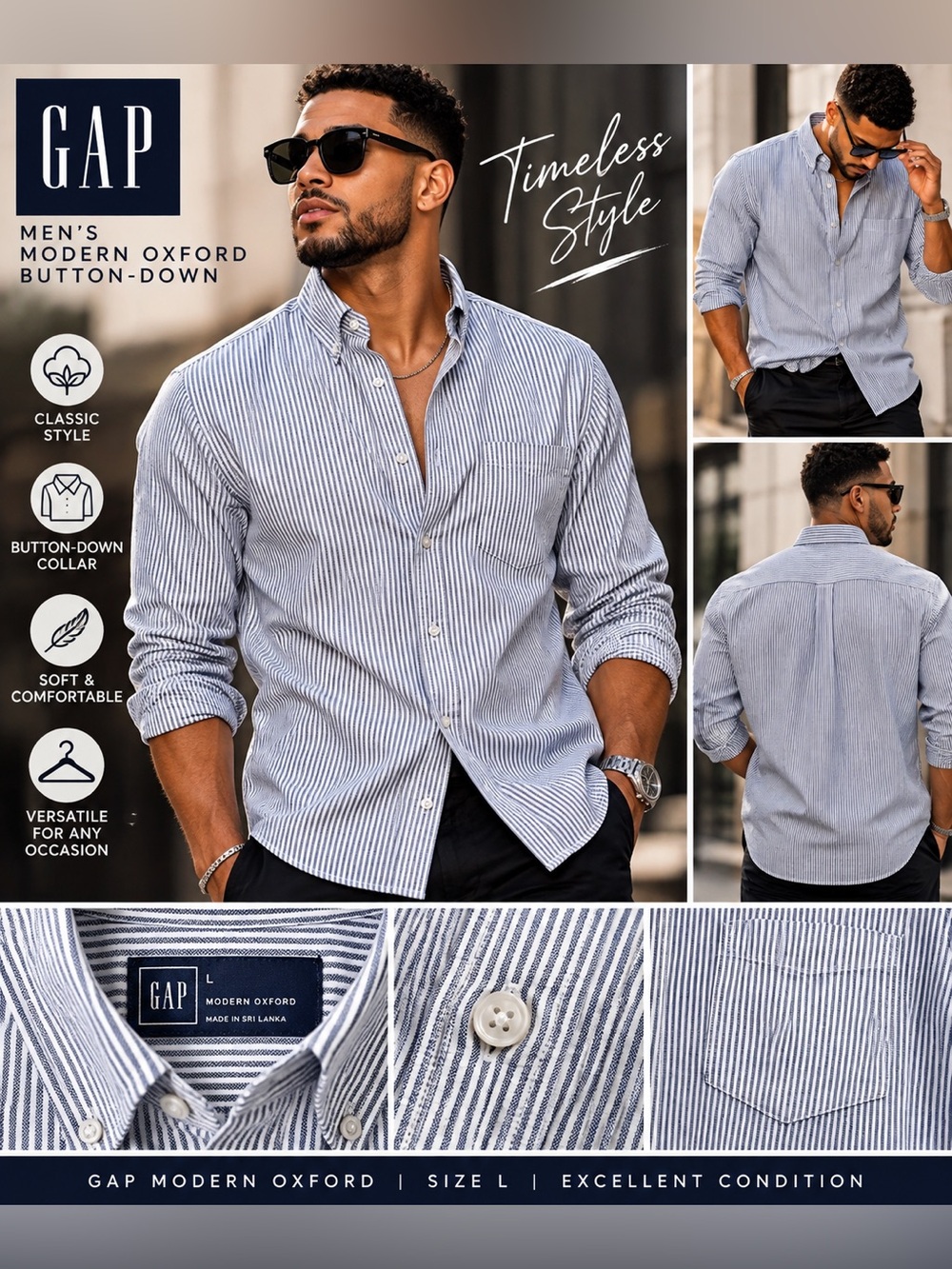GAP Men's Modern Oxford Stripe Shirt - Blue & White size Large